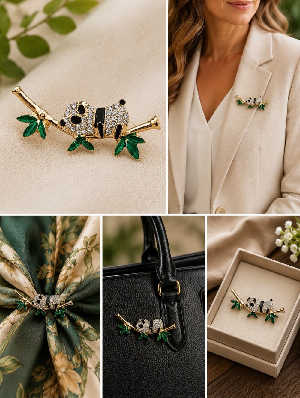 Gold-tone Panda on Bamboo Branch Brooch - Green and Clear Crystal Accent